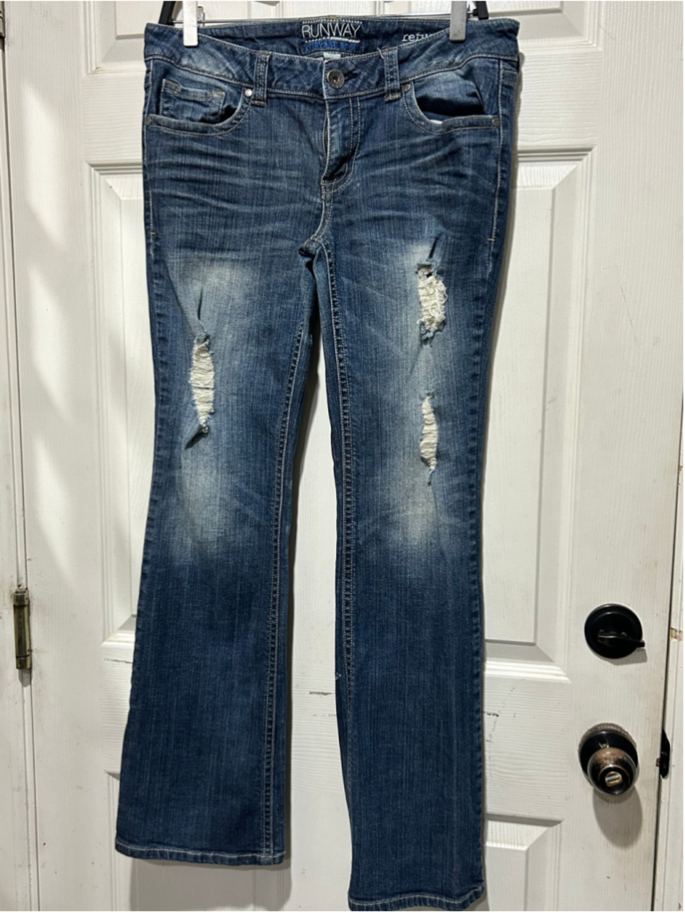 Women's Runway Boot Cut Jeans Size 10 Blue Distressed
